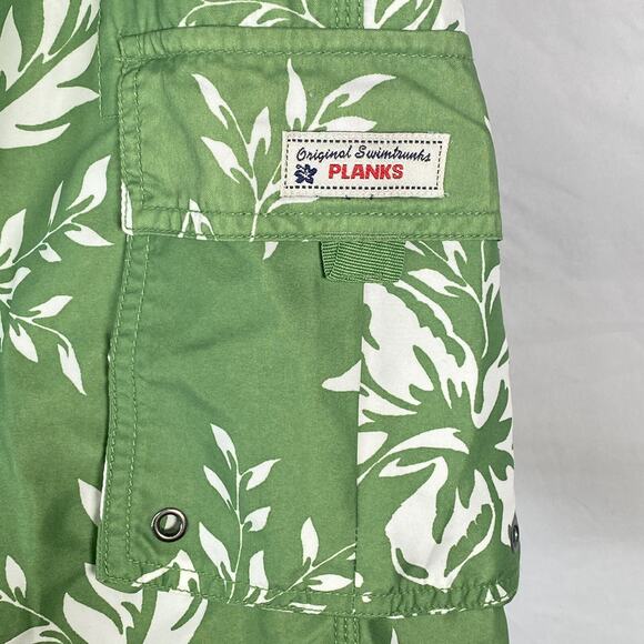 Planks Hawaiian Sz 32 Green Hibiskus Board Shorts Swimsuit Mens Swim Trunk Cargo - Picture 5 of 7